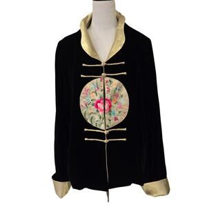 Vtg Grace Chuang NY Black Velvet Silk Jacket Gold Trim Floral Embroidered Sz XL